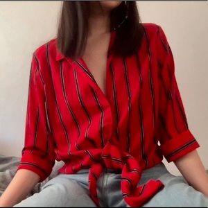 Red Striped Tie Front Top
